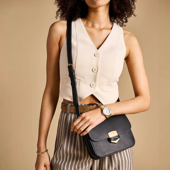 Fossil Lennox Black Leather Crossbody Bag – Gold Hardware, Sleek & Structured - Picture 12 of 13